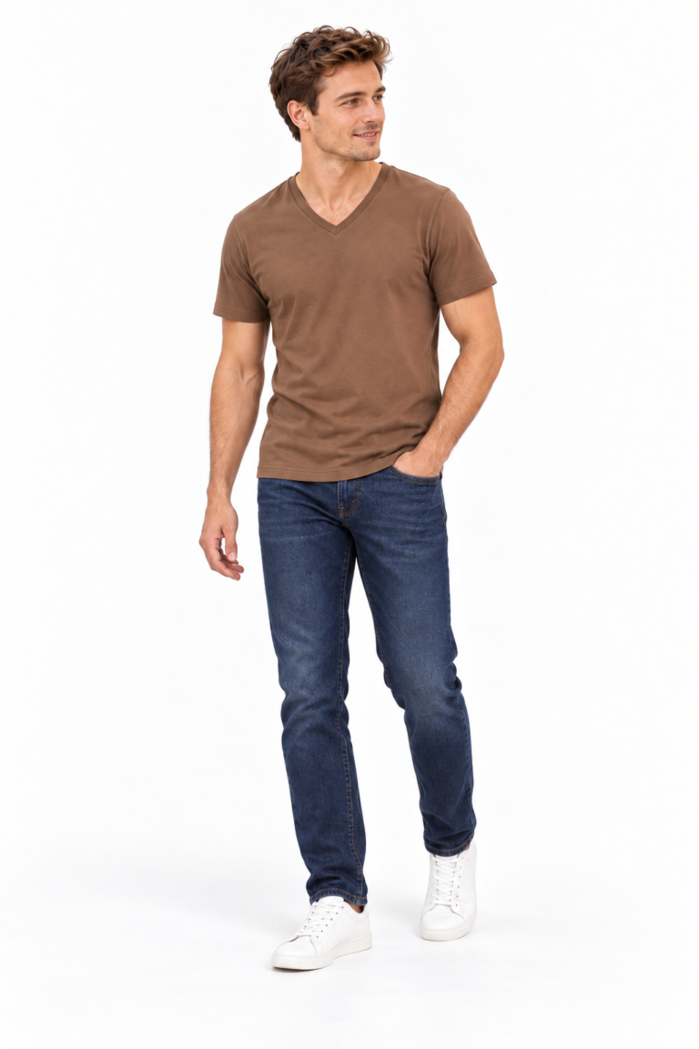 Men’s Brown V-Neck T-Shirt – Short Sleeve Top by CORELÉ
